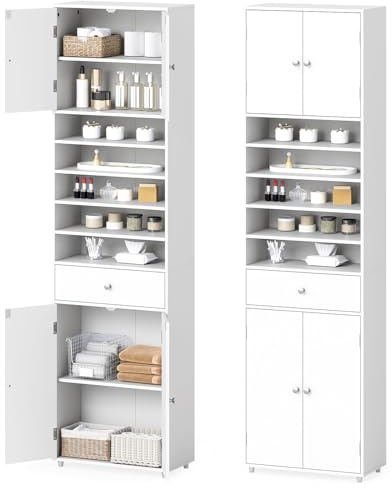 COSTWAY Armoire Haute Salle de Bain, Meuble Colonne de Salle de Bain avec Tiroir et Étagères Réglables, Armoire de Rangement à 4 Portes, pour Salon, Cuisine, 24 x 50 x 180 cm, Blanc