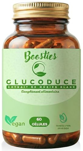 BOOSTIES Glucoduce - Mûrier Blanc 750 mg Hautement Concentré en DNJ - Aide à Limiter l'Absorption des Sucres Pendant le Repas - Glycémie & Équilibre - Action Progressive - 60 Gélules Vegan Cure 1 Mois