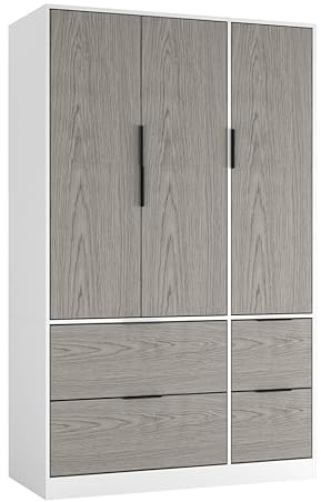 URBNLIVING 3 Door Wardrobe with 4 Drawers – Wooden Bedroom Storage Cupboard with Hanging Rail for Clothes - White Unit & Cedar Grey Doors & Drawers