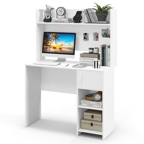 COSTWAY Computer Desk, Modern Writing Workstation PC Laptop Table with Hutch, Storage Bookshelf, Cabinet and Cable Management Holes, Home Office Work Study Desk (White)