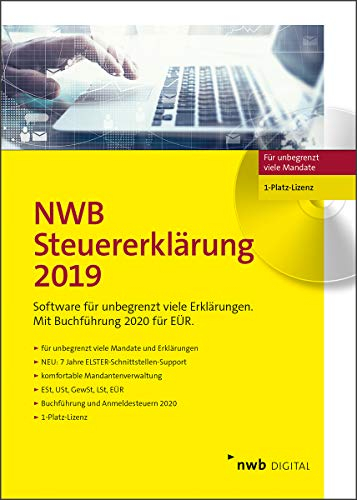NWB Steuererklärung 2019 - 1-Platz-Version: Profi-Steuererklärungssoftware. Für unbegrenzt viele Mandate. 7 Jahre ELSTER Schnittstellen-Support. Für den VZ 2019. 1-Platz-Lizenz. CD-Version
