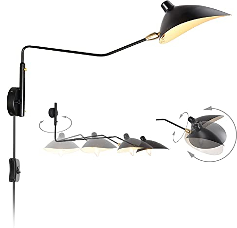 VOMI Industrielle Vintage Wandlampe E27 mit Schalter Stecker Kabel Schwarz LED Wandleuchte Einstellbar Langen Arm Einstellbare Drehen Rustikale Metall Wandbeleuchtung Schlafzimmer Bettseite Büro…