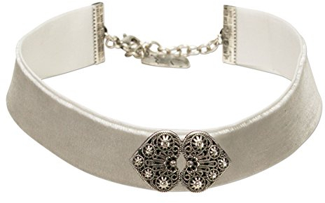 Alpenflüstern Trachten-Samt-Kropfband Ornament-Herzen - nostalgische Trachtenkette enganliegend, Kropfkette elastisch, Damen-Trachtenschmuck, Samtkropfband breit grau DHK206