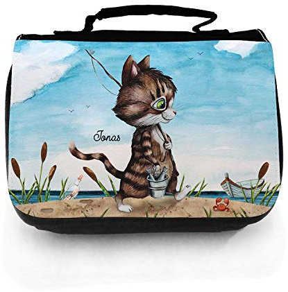 Waschtasche Waschbeutel Kater Katze Angelkater Angel Kulturbeutel Kosmetiktasche Reisewaschtasche individuellem Wunschnamen wt220 ilka parey wandtattoo-welt®