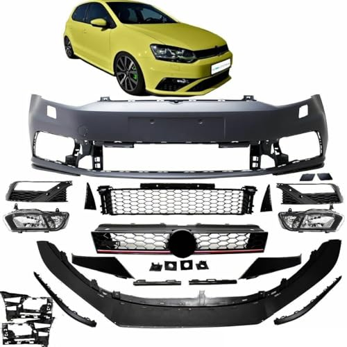 DM Autoteile 3613 Stoßstange vorne + Grill Nebel SET + Spoiler kompatibel für VW Polo 6R 6C FACELIFT