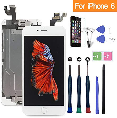 Xlhama Touchscreen LCD Display für iPhone 6 weiß mit Home-Button, Frontkamera, Proxidationssensor, Lautsprecher, Werkzeuge und Folie aus Hartglas
