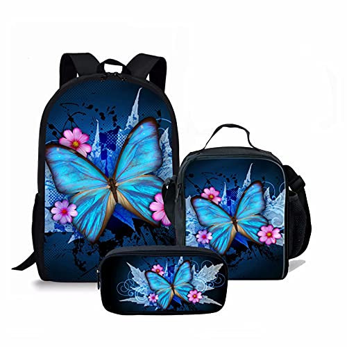 NETILGEN Blue Butterfly 17 Zoll Rucksack für Jugendliche Jungen Cool Pop Bunte Kinder Schule Umhängetaschen Thermische Brotdose und Federmäppchen 3 Stück