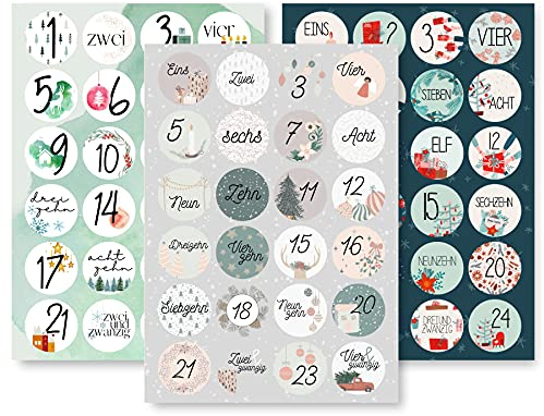 Adventskalender Aufkleber Set (Zahlen 1-24) - 3 x 24 Sticker für Kalender zum selber basteln für Weihnachten - Adventskalenderzahlen Etiketten selbstklebend - Zahlenaufkleber - Nummern Papiertüten