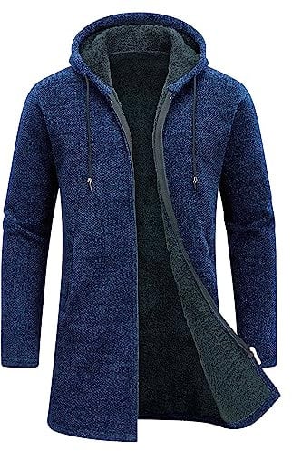 KUDORO Mens Knitted Cardigan Thick Hooded Sweater Jumper Full Front Zipper Warmth Winter Fleece Coat Long Sleeve Mid-Length Causal Sweaters for Men Navy Blue