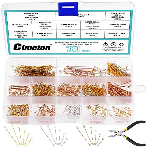Cimeton 780Pcs 3Colors 15/20/25/30/35/40mm Schmuck, der offene doppelte Augen-Stifte mit 1Pc Nadel Nase Zange herstellt, Edelstahl-doppelte Augen-Stifte für Schmuck, der Kunst-Projekte herstellt
