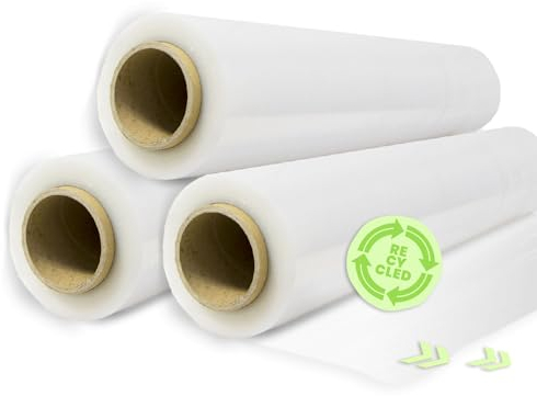Rollo Film Elástico de Plástico Estirable Transparente 70% Reciclado de 50 cm Extensible Hasta 300 Metros de Largo Protector de Embalaje Industrial Resistente para Embalar y Paletizar (3 Rollos)