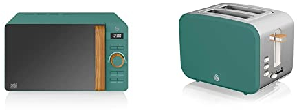 Swan 20L Nordic Digital LED Microwave, 6 Power Levels, SM22036LGREN & Nordic 2 Slice Toaster, Green, 900W, Soft Touch and Matte Finish, 6 Browning Levels, ST14610GREN