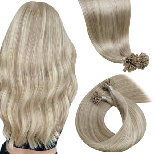 LaaVoo U Tip Hair Extensions Real Human Hair Dark Blonde Highlight Platinum Blonde Human Hair Extensions 24 Inch 50g 50 Strands Remy Straight Hair Extensions Nail Tip Keratin Hair Extensions #18/613