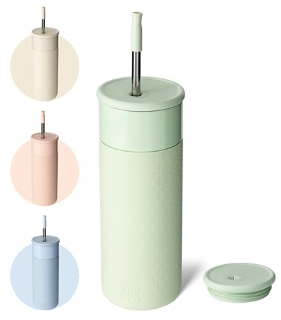 BOTTLE BOTTLE Insulated Travel Mug with Straw 590ml(20oz) Stainless Steel Reusable Coffee Cup Flask for Hot Drink Thermal Mug Tumbler with Silicone Sleeve(Mint Green)