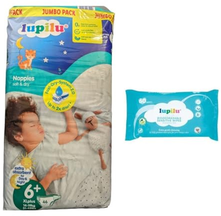 Lupilu Size 6+ XL+ Nappies Jumbo 46 Pack + 60 Fragrance Free Baby Wipes