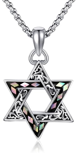HUKKUN Collier étoile de David pour homme en argent sterling avec coquille d'ormeau et étoile juive - Cadeau pour homme, Argent sterling