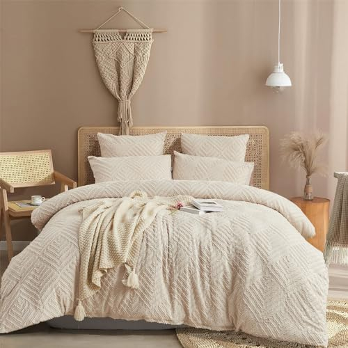 Getuftete Boho Bettwäsche 135x200 Beige Bohemian Style Wendebettwäsche Set Microfaser Stickerei Shabby Chic Geometrisches Muster Bettbezug 135x200 und Kissenbezug 80x80 cm mit Reißverschluss