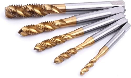 Fixinus 5 Piece Spiral Flute Drill Taps, HSS Titanium Coated Screw Tap Set, Machine Screw Tap Set, Thread Tapping Tool, M3 M4 M5 M6 M8