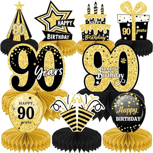 Honeycomb Vintage 90th Birthday Table Decorations - Black & Gold Party Decor