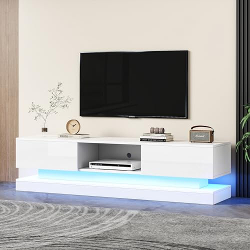Merax LED TV Schrank, Weißer Hochglanz TV Lowboard, 2 Schubladen, App-Steuerung, Anti-Kipp-Design, für 60-Zoll-Fernseher, TV Board, 160 * 35 * 40.5cm