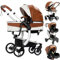 Doraystar PU-Leder Kinderwagen 3 in 1, Kombikinderwagen 3 in 1 mit Zwei Umkehrbaren Schiebemodi, Kinderwagen Komplettset mit Ein-Klick-Faltdesign, Rahmen Aluminiumlegierung (518 Khaki)
