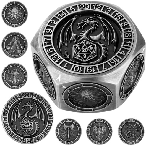 Set di Dadi Rotanti DND, 8 Facce Spinner in Metallo, Design a Rilievo 3D, Dadi Poliedrici Girevoli, Regalo D&D con Scatola Logo Drago, Giochi da Tavolo, Accessori per Giochi di Ruolo, Argento Scuro