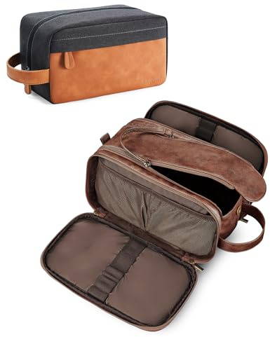 Elviros Travel Toiletry Bag Gift for Men,Mens Toiletries Bag Gifts Set Shaving Dopp Kit Water-Resistant Bathroom Toiletries Organizer PU Leather Cosmetic Bags 2 Piece Dark Brown
