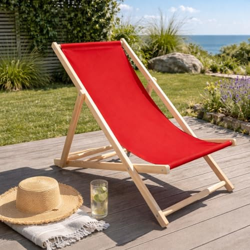 HAGO24 Strandliege Rot Sonnenliege Gartenliege Liegestuhl Klappstuhl Holz Kiefernholz Polyester 3fach verstellbar faltbar Balkon Terrasse 120kg
