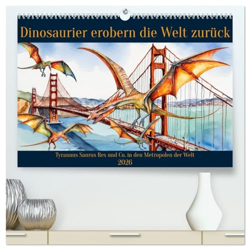 Dinosaurier erobern die Welt zurück (hochwertiger Premium Wandkalender 2026 DIN A2 quer), Kunstdruck in Hochglanz: Tyrannus Saurus Rex und Co. in den Metropolen der Erde (CALVENDO Tiere)
