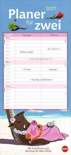 Rosalie & Trüffel Planer für zwei 2027: Wandplaner für 2. Partnerkalender mit 2 Spalten. Terminkalender mit niedlichen Illustrationen des bekannten Schweine-Duos. Wandkalender für 2 Personen