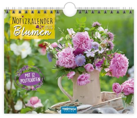 TRÖTSCH - Notizkalender Blumen 2026 mit 12 Postkarten | Notizkalender Querformat: Wandkalender Notizkalender