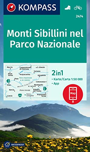 KOMPASS Wanderkarte 2474 Monti Sibillini nel Parco Nazionale 1:50.000: markierte Wanderwege, Hütten, Radrouten