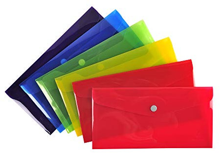 Exacompta - Réf. 34420E - Carton de 30 pochettes fermeture bouton pression avec rabat - En PP lisse - Dimensions : 23x12cm - Format à classer 10x21 cm (DL) - 6 couleurs assorties