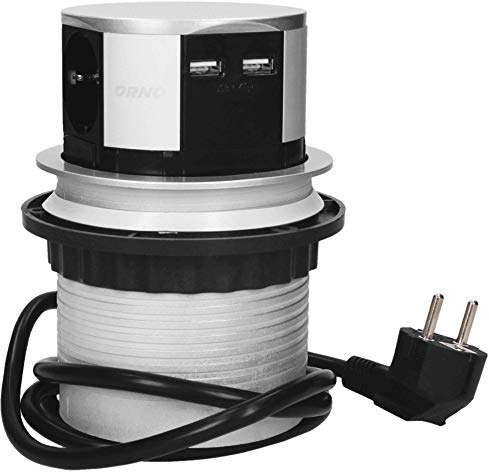 ORNO OR-AE-1342(GS) Versenkbare Einbau Steckdosenleiste 3-Fach + 2X USB Ladegerät 3680W, Ø10cm, Anschlussfertig mit 1,5m Schuko kabellänge
