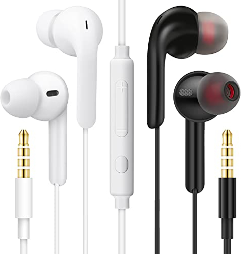 MAS CARNEY 【2Paar, Schwarz + Weiß】 Kopfhörer WI9 im-Ohr-Kopfhörer mit Lautstärkeregler und Mikrofon Ohrhörer für Handy, Smartphone, Computer, Laptop, MP3, PSP (2Paar, Schwarz + Weiß)