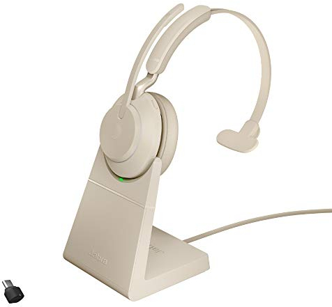 Jabra Evolve2 65 Wireless PC Headset with Charging Stand – Noise Cancelling UC Certified Mono Headphones with Long-Lasting Battery – USB-C Bluetooth Adapter – Beige