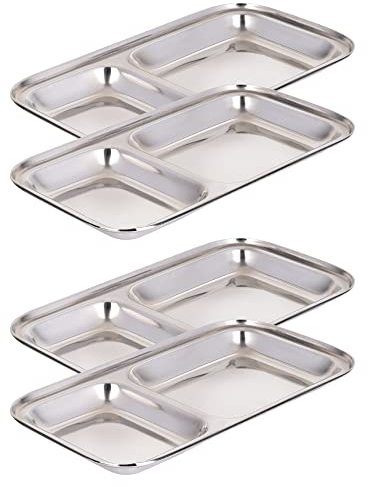 WG inc Stainless Steel Divided Plates, 2 Section Rectangular Dinner Plates for Kids, Toddler Trays, Portion Control Tray, Camping, Snack Dishes, Metal Non Toxic Baby Plate (Set of 4)