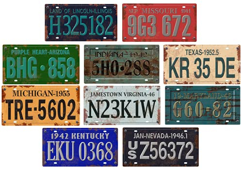 - Paquete de 10 Placas de matrícula de los Estados Unidos de los años 40 y 50, réplicas de Placas auténticas Americanas con Efecto Envejecido (OLD4)