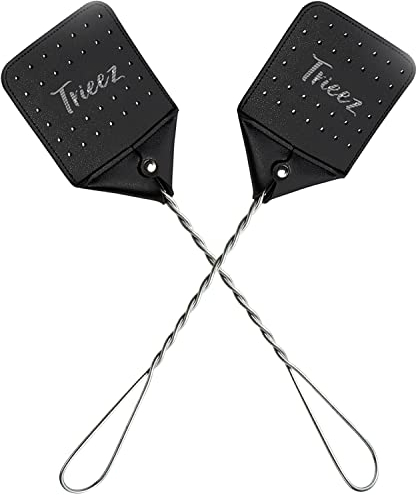 Matamoscas de cuero de 2 piezas – Matamoscas de moscas de alta resistencia con mango de resorte de metal duradero – Swatter rústico para moscas, mosquitos, moscas de caballo, avispas, insectos, negro