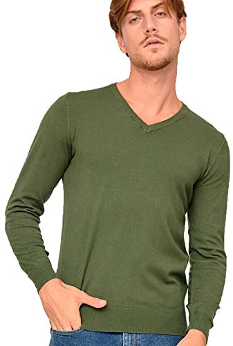DOUBLE M Jersey Hombre Cuello Pico, Suéter para Hombre, Básico, Tallas S,M,L,XL,XXL, para Todos los Días, Verde Militar.