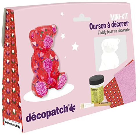 Décopatch KIT037C - A Mini-kit including a pulped animal painted in white - 2 Décopatch sheets - 1 brush - 1 pot of glue varnish, TEDDY BEAR - Creative