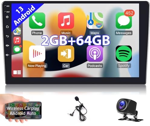 2GB+64GB Autoradio Kabelloses Carplay Android Auto Android 13 Radio mit Navi 9 Zoll Touchscreen 2 Din Bluetooth HiFi GPS Navigation WiFi FM RDS Radio Stereo, Lenkradkontrolle Rückfahrkamera ISO-Kabel