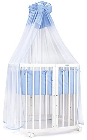 Waldin Babybett aus Holz 7in1 mit Matratze, Mitwachsendes Kinder-Bett, Belüftet, Boden 5-Fach Verstellbar, All-Inclusive-Set, Holz Weiß, Stoffe Blau