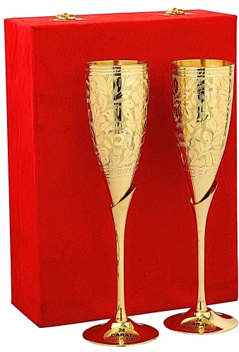 PROFESSIONAL HANDICRAFT Calici da vino in ottone placcato oro 24 K, calici da champagne, Diwali, regalo di anniversario di matrimonio per coppie, clienti aziendali, set da 2, 200 ml