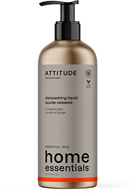 ATTITUDE Washing Up Liquid, Cuts Grease & Removes Food Residue, Gentle on Hands, EWG Verified, Plant-Based Cleaning Liquid, Vegan Dish Soap, Orange & Sage, Refillable Aluminum Bottle, 473 mL