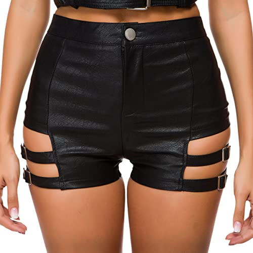 IWEMEK Kurze Lederhose Damen Schwarz High Waist PU Ledershorts Rave Pole Dance Booty Shorts Party Outfit Nachtclub Gothic Kurze Hose Lackhose Hotpants Sexy Clubwear Schwarz 04 M