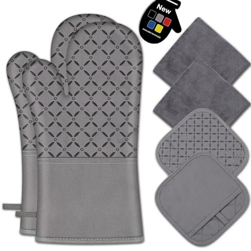 IXO Juego de guantes de horno y soportes para ollas, 6 guantes de horno resistentes al calor de 500 grados, guantes de cocina extralargos y toallas con superficie de silicona antideslizante para
