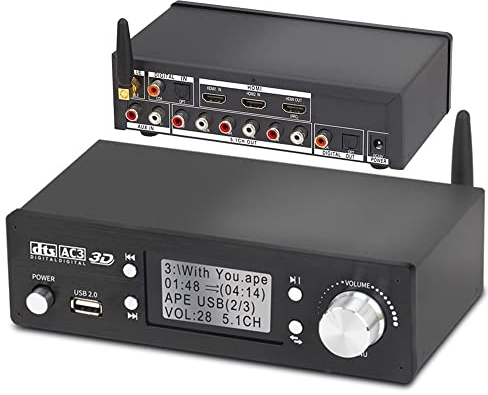 Décodeur de Convertisseur audio 5.1CH, DAC DTS AC3 FLAC APE 4K 60Hz HDMI 2 en 1 HD Dolby Atmos HDMI Bluetooth 5.0 Fibre Optique ARC Câble Coaxial Système Audio Vidéo Analogique Numérique