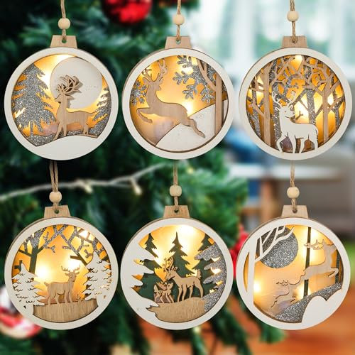 Joiedomi 6 Stück LED Holz Rentier Hängende Ornamente Weihnachtsbaum Dekoration Xmas Beleuchtet Hübsche Ornament Geschenke Party Supplies Dekorationen