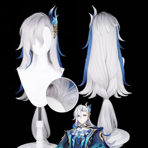 Anime Cosplay Perücke, Genshin Impact Perücke, mit zwei Perückenkappen, für Halloween, Party & etc. (Neuvillette Cosplay)